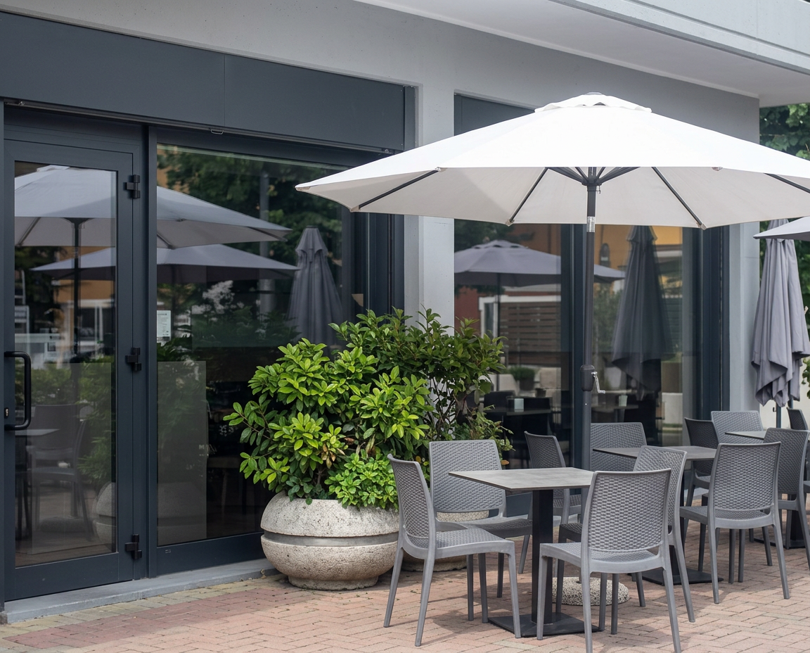 Terrazza del Caffè Silvestre con tavolini, ombrellone e piante